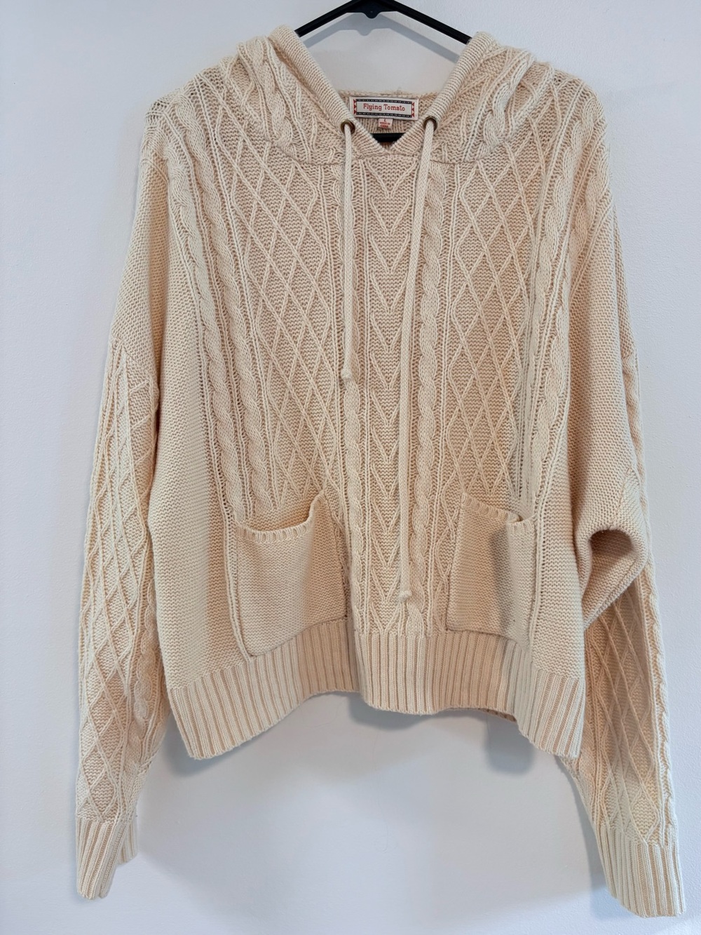 cottagecore Flying tomato Women's large knit Cream boho hooded sweater